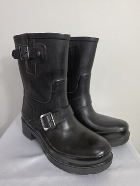 Hunter Black Women's Mid-Calf Buckle Moto Rain Boots